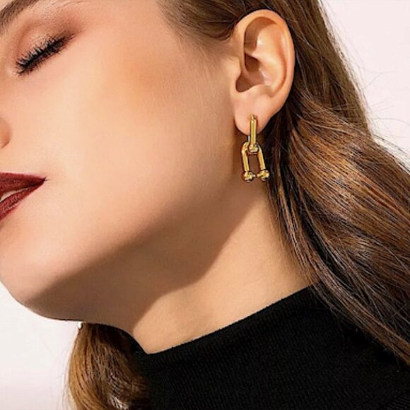 18K GOLD PLATED U SHAPED NECKLACE BRACELET EARRING RING SET - Picture 8 of 10